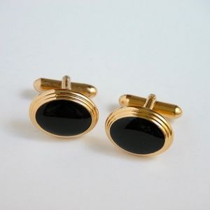 Vtg Modern Black Onyx Jeweled Gold Tone Cufflinks